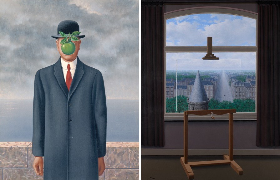 Left René Magritte - Le fils de l’homme (The Son of Man), 1964 Right René Magritte - Les promenades d’Euclide (Where Euclid Walked), 1955