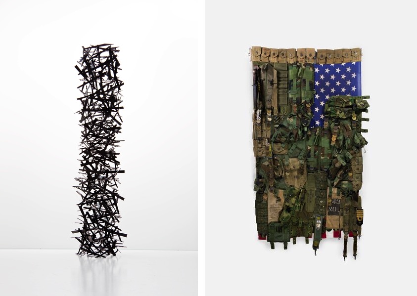 Ricardo Cardenas - Nest Column, 2017, Sara Rahbar - Flag #54 America, 2017; check out the booth of each exhibitor