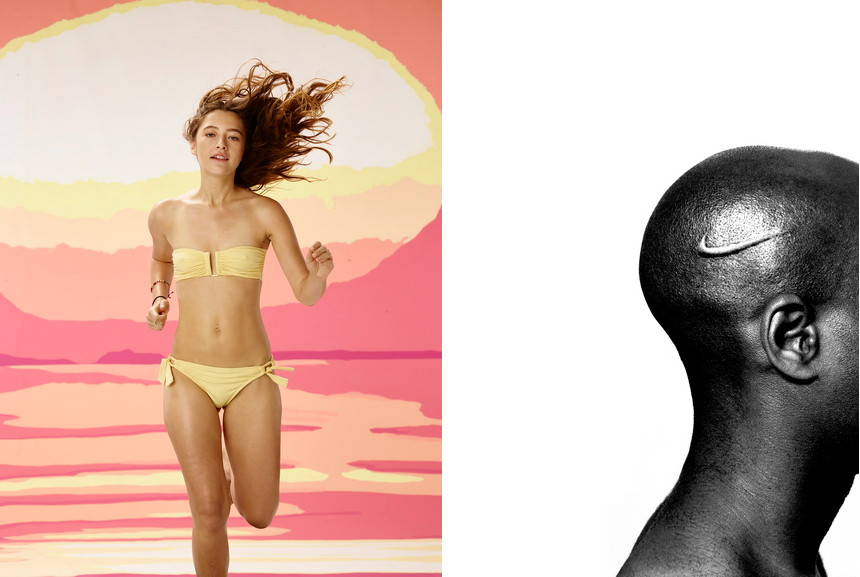 Left Roe Ethridge - Teresa Oman (Sunset Backdrop), 2015 Right Hank Willis Thomas - Branded Head, 2003