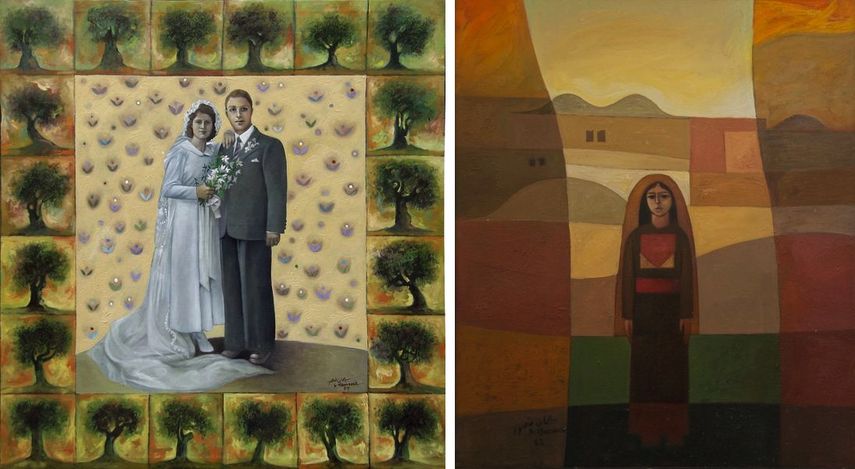 Sliman Mansour - Father and Mother on their Wedding Day, 1984, Sliman Mansour - Girl in the Village, 1982