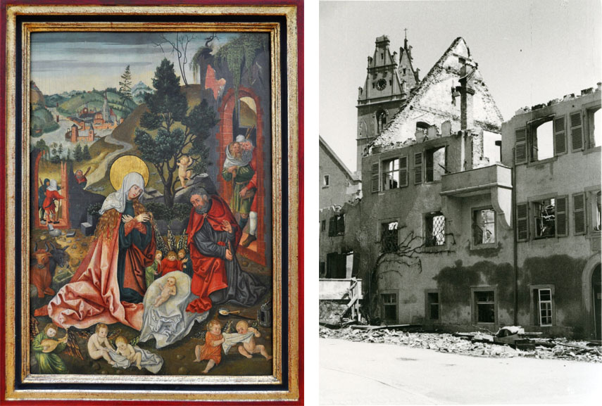 Left The late gothic adoration from the ‘Collection‘ Hermann Göring was regarded missing since 1945, purchased for Friedrichshafen in 1959 Right Image of the ruins of the ‘Städtischen Museum’ 1944