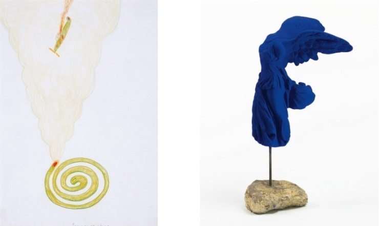 Left: Yoshimoto Nara - Sommerbild (Lot 386). Estimated at $1,500-$2,000;sold for $11,000 / Right: Yves Klein - Victoire De Samothrace (Lot 92). Estimated at $80,000-$120,000; sold for $160,000