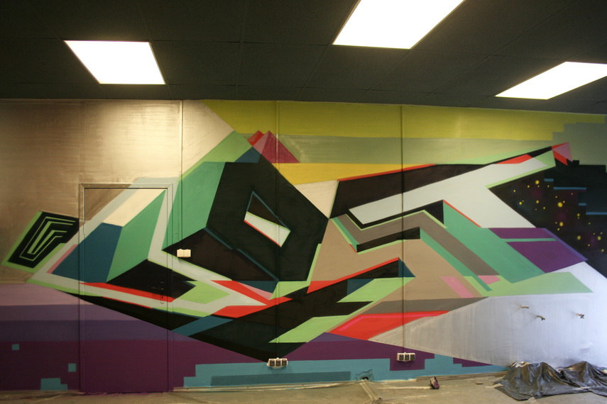 The view on geometric wall artwork of Lost Optics reveal inspiration by both digital and street art