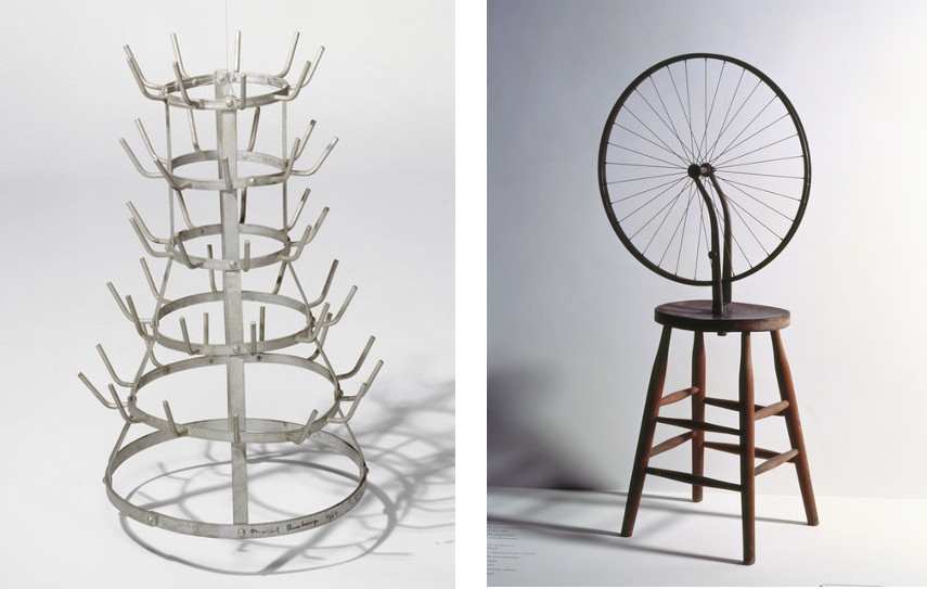 Marcel Duchamp - Bottle-Rack , 1914 (Left) ---- Bicycle Wheel, 1913 (Right)