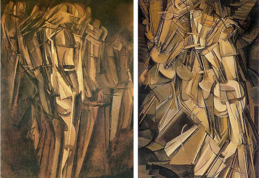 Marcel Duchamp - Sad Young Man on a Train, 1911 (Left) ---- Nude Descending a Staircase No. 2 , 1912 (Right)