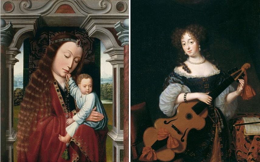 Meister vom Heiligen Blut - Maria mit Kind in architektonischer Rahmung, ca 1520, Michiel van Musscher - Bildnis einer jungen Dame mit Viola da Gamba, 1677