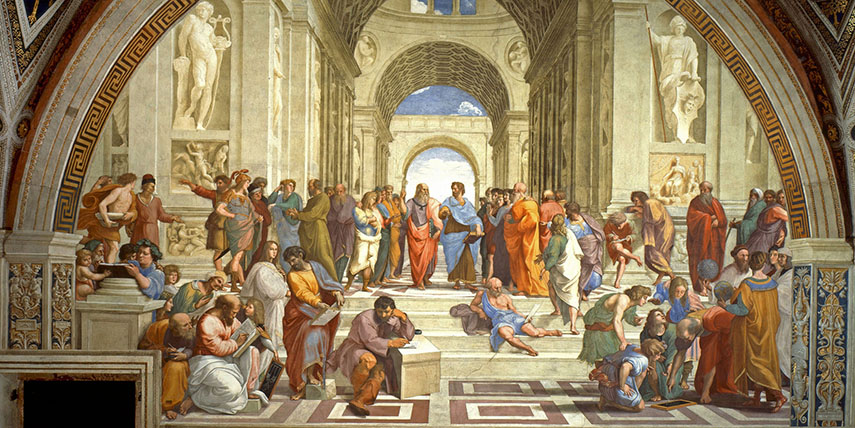 Raphael - Philosophy (School of Athens), 1509-1511. Stanza della Signature, Vatican Palace, via Wikimedia