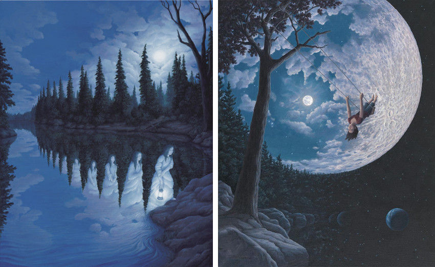 Original and limited edition prints by Rob Gonsalves - Ladies Of The Lake (Left) / Over the Moon