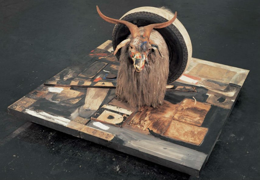 painting Robert Rauschenberg - Monogram, 1955-59 museum series american abstract artist jasper johns