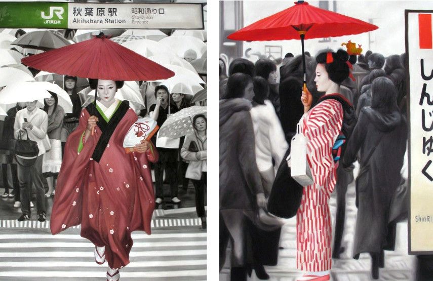 Ryoko Watanabe - Rain, 2010 (left), Red umbrella, 2010 (right)