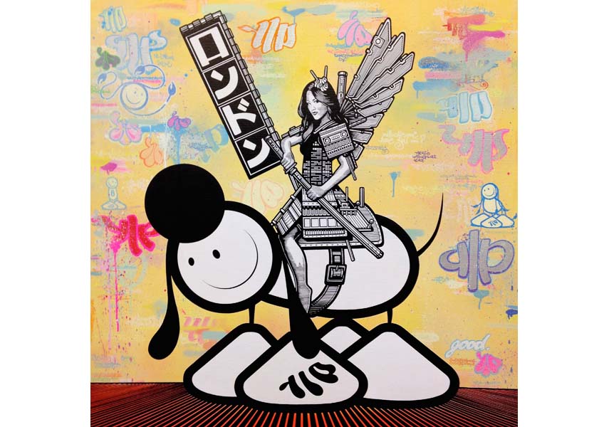 The London Police - Samurai Girl, Spray paint, acrylic paint, paint pens, indelible ink on Brussels linen