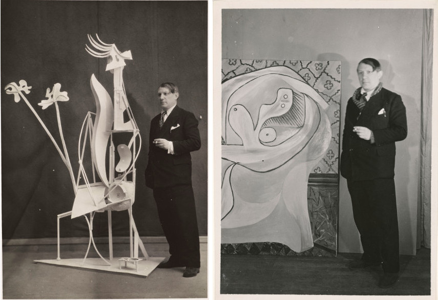 Two photos of Pablo Picasso in front of his works