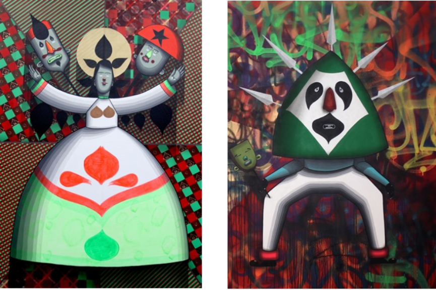 Left: Finok, No Title, Acrylic and spray paint on canvas, 160 x 120 cm, 2013 / Right: Finok, Os Aborigenes, Acrylic and spray paint on canvas, 190 x 310 cm, 2012 (detail)