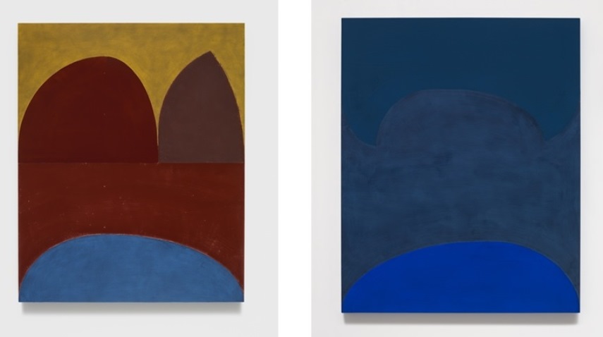 Left: Suzan Frecon, Dark red cathedral (tre), 2014, Oil on panel / Right: Suzan Frecon, Lapis ordering adjacent blues, 2014, Oil on panel