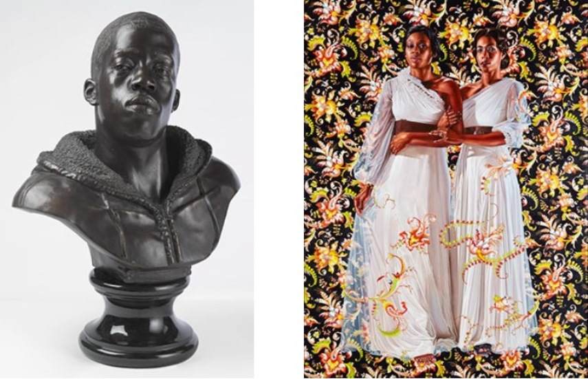 Left: 34 x 26 x 19 in. (86.4 x 66 x 48.3 cm). Brooklyn Museum; Frank L. Babbott Fund and A. Augustus Healy Fund, 2012.51. © Kehinde Wiley. (Photo: Sarah DeSantis, Brooklyn Museum) / Right: 96 x 72 in. (243.8 x 182.9 cm). Collection of Pamela K. and William A. Royall, Jr. © Kehinde Wiley. (Photo: Jason Wyche)