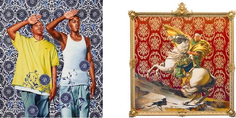 Left: 96 x 84 in. (243.8 x 213.4 cm). Hort Family Collection. © Kehinde Wiley. (Photo: Max Yawney) / Right: 108 x 108 in. (274.3 x 274.3 cm). Collection of Suzi and Andrew B. Cohen. © Kehinde Wiley. (Photo: Sarah DiSantis, Brooklyn Museum)