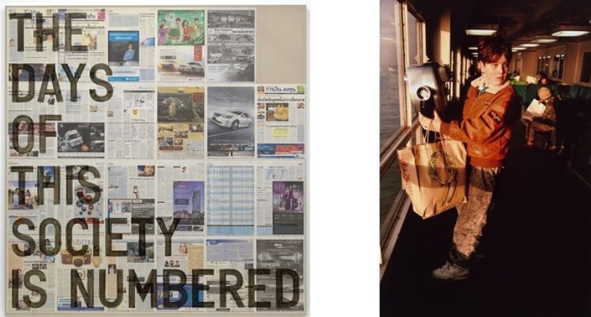 Left: Synthetic polymer paint and newspaper on linen, 87 × 84 1/2″ (221 × 214.6 cm). The Museum of Modern Art, New York. Committee on Drawings and Prints Fund. © 2015 Rirkrit Tiravanija / Right: Dye transfer print, 32 1/8 x 22 5/8 (81.6 x 57.5 cm). The Museum of Modern Art, New York. Vital Projects Fund, Robert B. Menschel. © 2015 Allan Sekula