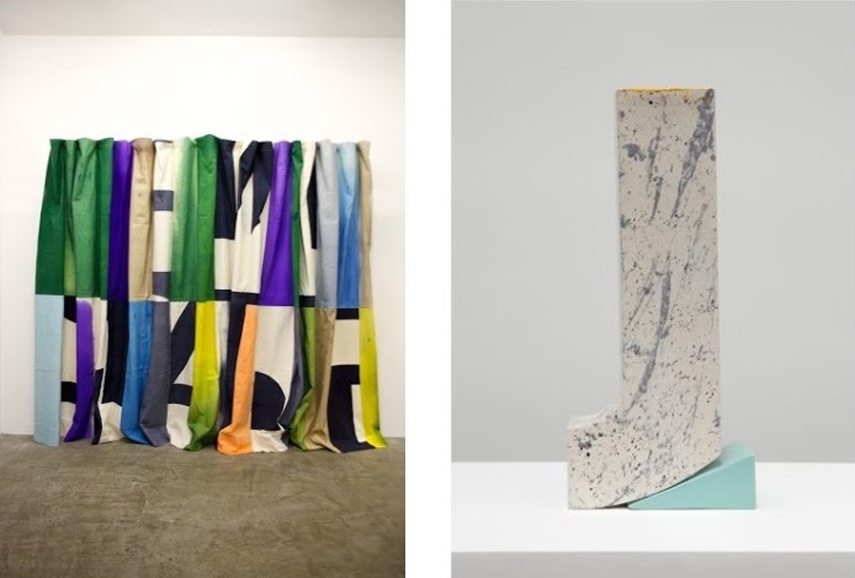 Left: Pia Camil -Espectacular Telon IV, 2013, Hand dyed and stitched canvas, 265 X 594 cm / Right: Pia Camil - Fragmento 0, 2014, Enameled low temperature ceramic, 70.2 x 24.8 x 14 cm 9.5 x 20.3 x 15.2 cm