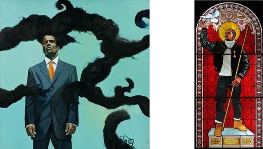 Left: 79½ x 79½ x 3½ in. (201.3 x 201.3 x 8.3 cm). The Studio Museum in Harlem; Museum purchase made possible by a gift from Anne Ehrenkranz. © Kehinde Wiley / Right: 96 x 43½ in. (243.8 x 110.5 cm). Courtesy of Galerie Daniel Templon, Paris. © Kehinde Wiley