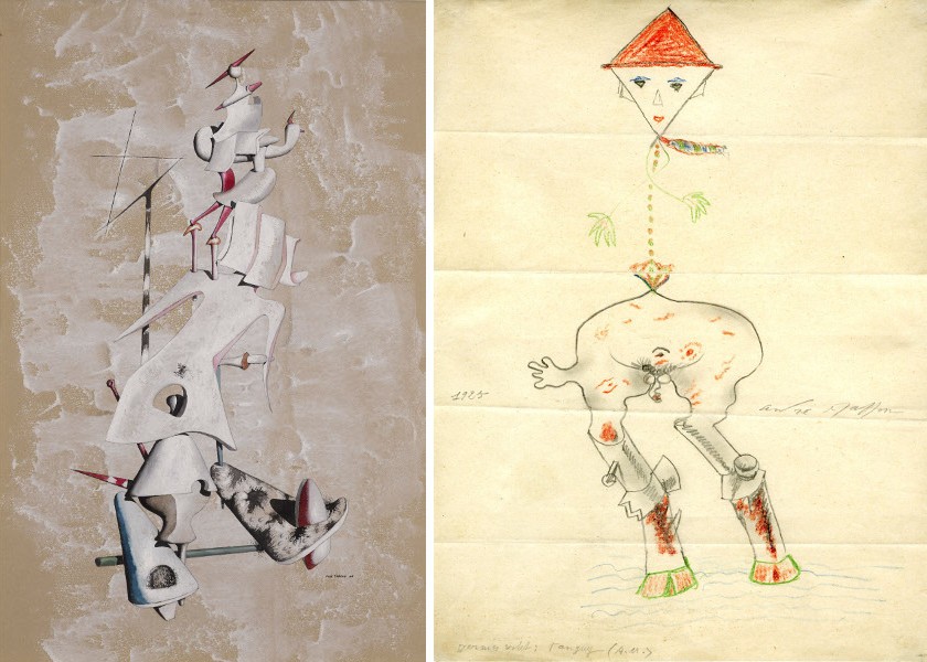 Yves Tanguy - La Grue des Sables,1946, Gouache on paper, 47.2 x 31.8 cm, Photo A.J Photographics / Yves Tanguy - André Masson and others, Cadavre Exquis, 1925, Pencil and coloured pencil on paper, 27.7 x 21 cm