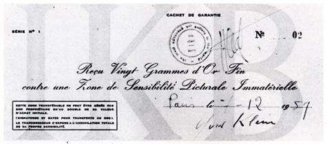A cheque used to certify the purchase of a Zone de Sensibilité Picturale Immatérielle (zone of immaterial pictorial sensibility)