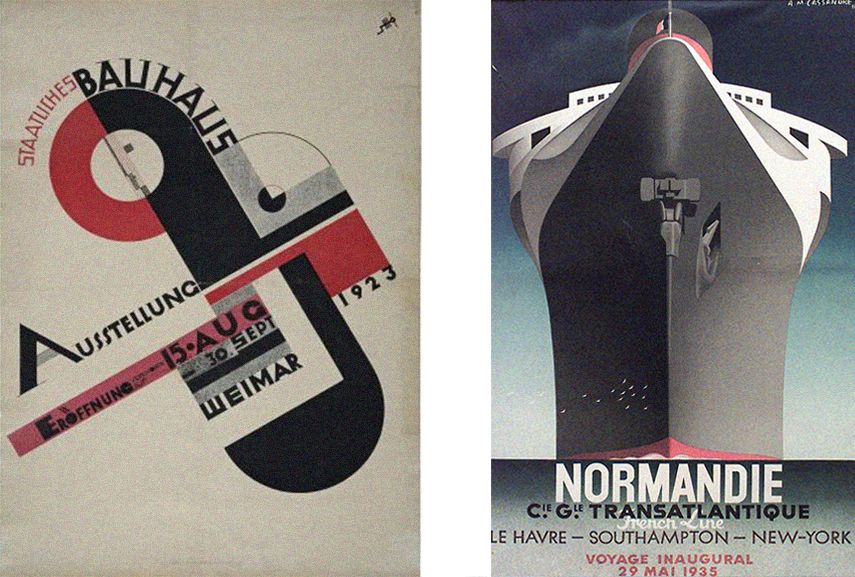Left:vintage print by artist Joost Schmidt, Poster for the 1923 Bauhaus Exhibition in Weimar, 1923 / Right: A. M. Cassandre - Normandie, 1935